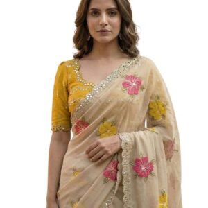 handcrafted floral embroidered saree with contrast blouse